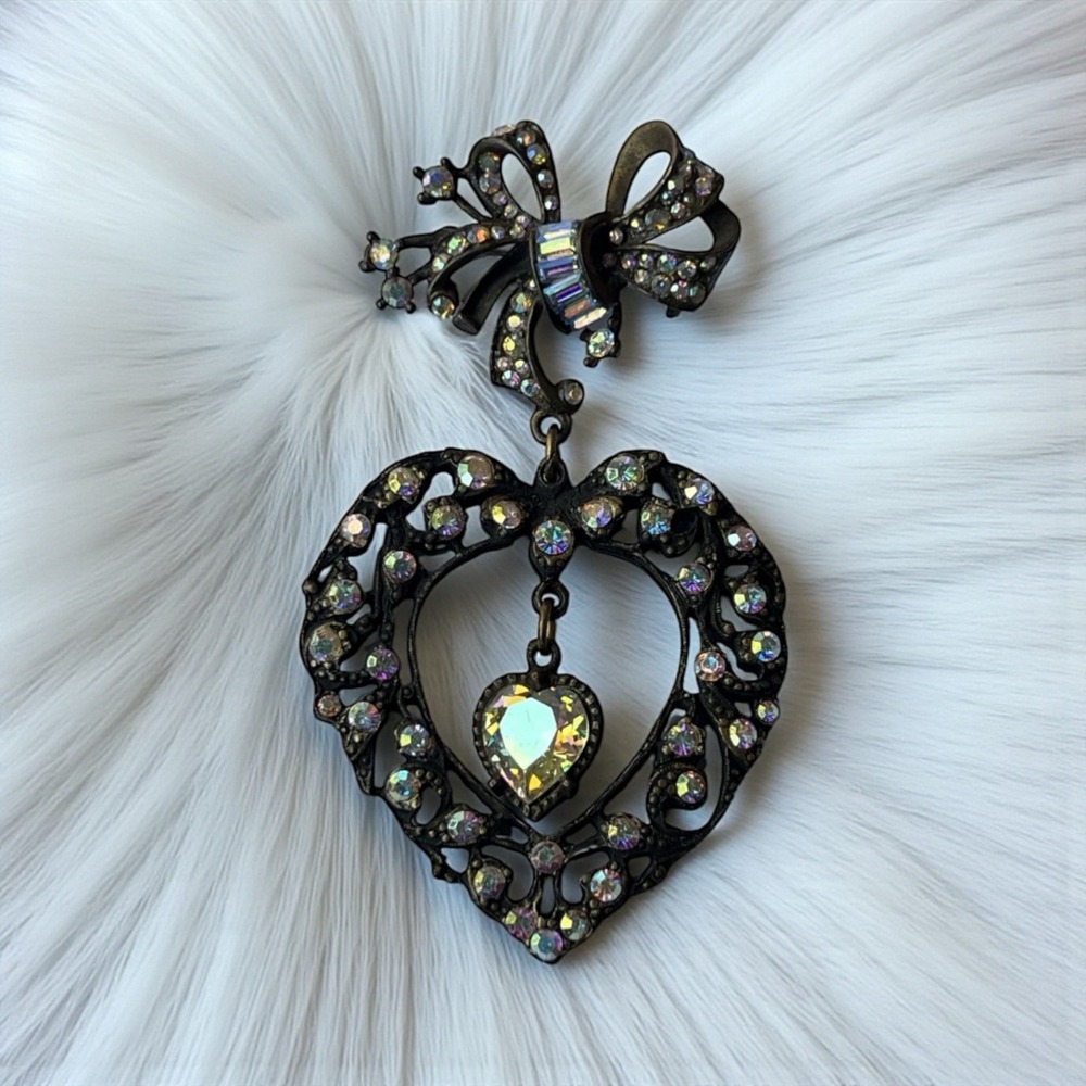 Vintage Banana Bob Brass Aurora Borealis Rhinestone Bow Heart Dangle Brooch